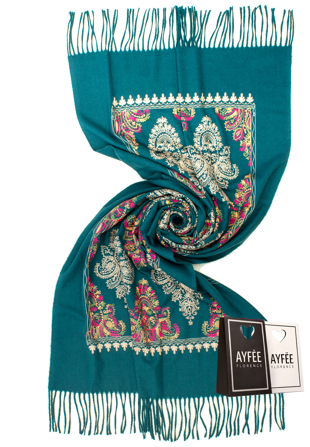 STOLA FLOWERS EMBOIDERY, CM 75*180, 100% VISCOSE MADE IN PRC       - PETROL